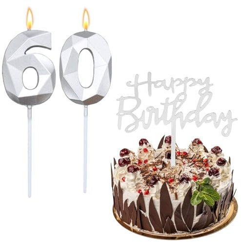 Bolosa Kerze 60 Geburtstag Frau Mann, Geburtstagskerze 60 und Happy Birthday Steckkarte, 60. Geburtstag Frau Mann, Zahlen Kerzen 60, Geburtstag 60 Jahre Frau, Kerzen 60 für Geburtstagsparty(Silber)