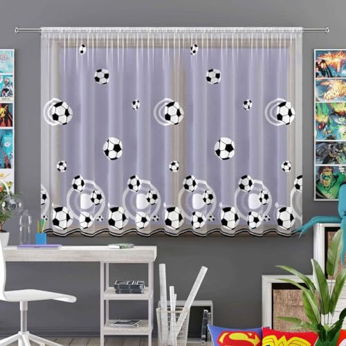 Gardinen Vorhangen Weiß 300x160 cm (BxH) Barcelona Fußball Motiv Jacquard Kinder Gardinen mit Kräuselband Kurz Kinderzimmer Junge Scheibengardine Wohnzimmer Vorhänge Fertiggardine