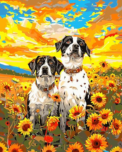 jieyisier Malen Nach Zahlen Erwachsene,DIY Handgemalt Ölgemälde Kit für Anfänger und Erwachsene Tiere Mit 3-Pinseln und Acrylfarbe, Hund und Sonnenblume bei Sonnenuntergang(Ohne Rahmen 40X50cm )