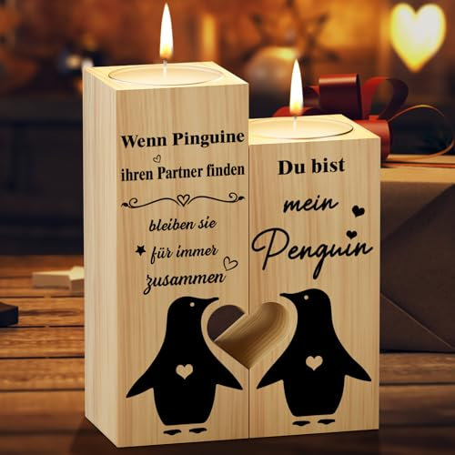 KAAYEE Jahrestag Geschenk für Sie Ihn, Du bist Mein Pinguin Kerzenständer Freundin, Ich Liebe Dich Hochzeits Geburtstags Geschenk für Ehefrau Frau Ehemann Paar