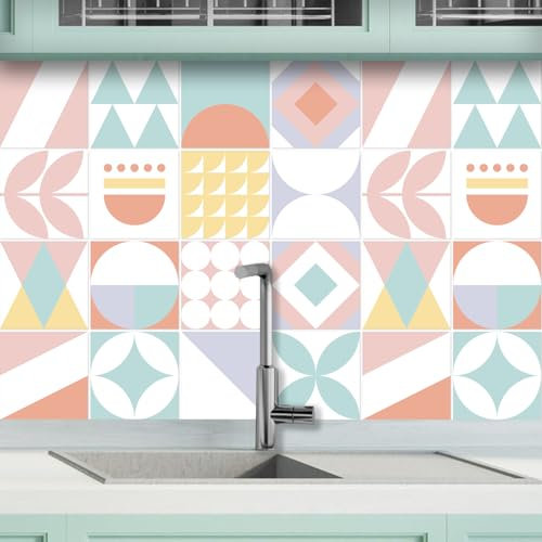 AREDE 32 x Feuilles Mural Stickers Carrelage 2D Imperméables Carreau de Ciment Adhesif, Autocollants Carreaux Dosseret pour Cuisine, Salle de Bain la Décoration à la Maison / 15 x 15 cm / T1029