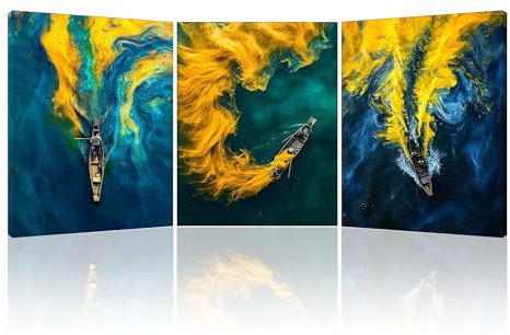 Piy Painting 3 pièces Tableau Sur Toile Océans, Impressions d'Art Mural Bleu Jaune, Bateau Impression Sur Toile, Cadeau d'Anniversaire Pour Thanksgiving, Facile à Accrocher 30x40 Cm