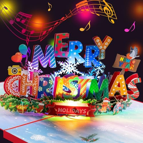 Pop Up Weihnachtskarte mit Musik und Licht – 3D Weihnachtsmotiv mit Merry Christmas und Neujahrselementen – Festliche Karte für Kinder Familie Freunde mit Umschlag und Notizkarte