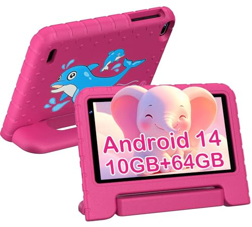 Biegedy Kinder Tablet 7 Zoll Android 14, 10GB RAM + 64GB ROM/TF 512GB, Octa-Core 1.8GHz | Kinder Pädagogisch | Elterliche Kontrolle | 5G WLAN | Dual Kamera | BT 5.0, Tablet mit Holster Rot