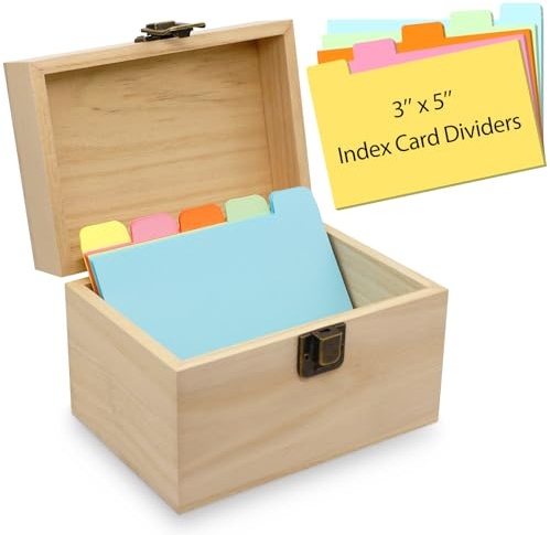 DSYIL Index Card Holder, Wooden Index Card Box, 3 x 5 Flash Cards Holder with 50 Dividers, Recipe Cards Case for Organizing 3 x 5 inches Business Cards and Study Note Cards