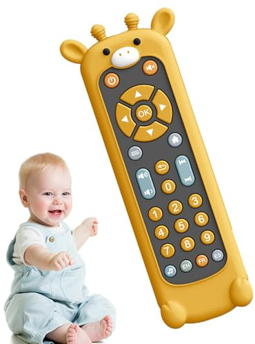 lyanny Kids TV Remote Toy - Toddler Realistic Controller With Silicone Animal Shaped Teether Cover - 3 Languages (English, Spanish & French) Toddler Musical TV Remote With Sounds For Preschool