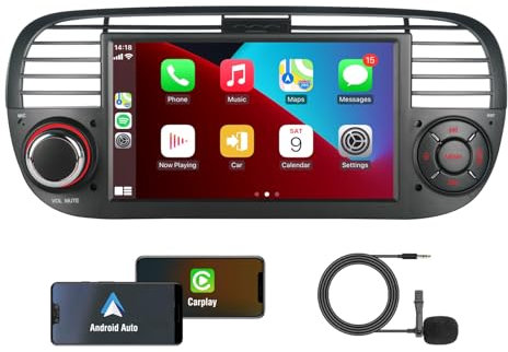 KTTCORLP Linux Autoradio per Fiat 500 2007-2015 Carplay Android Auto Bluetooth 5.0, Autoradio Fiat 500 da 7 pollici con touchscreen/FM/AM/USB/DPS/RDS/Mirror Link-Nero