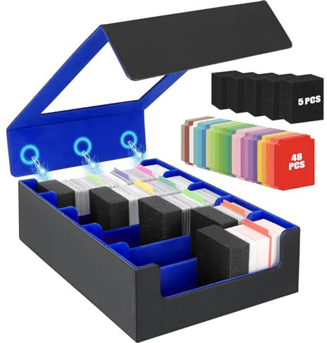 AOBOPLE Karten Box für 3900+ Karten,5 Reihen Sammelkarten-Aufbewahrungsboxen mit 48 Kartenteilern,Magnetische PU Leder Sammelkarten Box Deck Box für TCG,MTG,Sports Karten (Schwarz Blau)