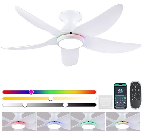 Surtime Ventilateurs de Plafond avec Lampe de Couleur,116CM Plafonnier Ventilateur avec Telecommande, Silencieux Moteur DC, 6 Vitesses, 5 éventails Réversibles pour été hiver, Blanche