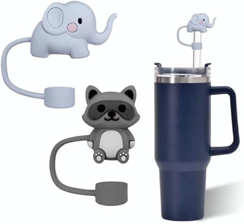Elephants and Raccoons Straw Cover for Stanley 40&30 Oz Cup, 10mm Silicone Straw Covers Cap for Stanley Cup Accessories, Cute Straw Topper for Tumblers, Straw Cap Stopper for Reusable Straws,Straws