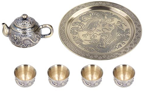 Traditionelles Teekannen Set aus Metall, türkisches Tee Set Traditionelles Teekannen Set mit 4 Metalltassen und Teetablett, geprägtes Drachen und Phönix Teeservice