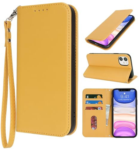 HALLKER Handyhülle für iPhone 11 Hülle, Klapphülle PU Leder Schutzhülle Klappbar Kartenfach Magnetverschluss Lederhülle für iPhone 11 - gelb