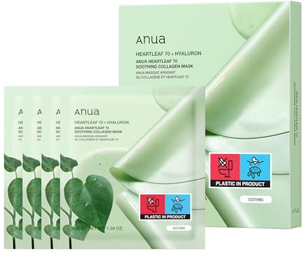 Anua Heartleaf 70 Soothing Collagen Mask, 4ea | Overnight Face Mask for Sensitive Skin, Hyaluronic Acid, Hydrating Facial Mask, Redness Relief, Natural Color