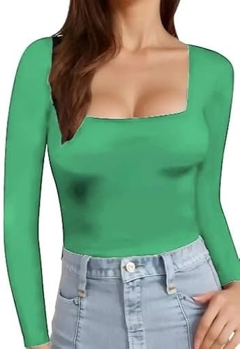 SASSY STYLE Womens Ladies Long Sleeve Square Neck Plain T-Shirt Top UK 8-26 (Jade Green, 16)