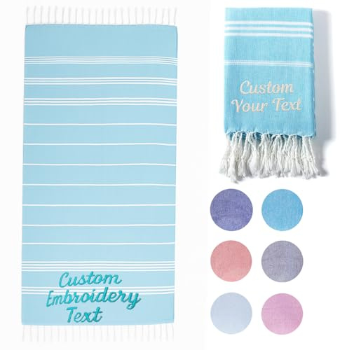 CHARMMYFASHION Personalised Large Turkish Beach Towel, Hammam Towel, 95x180cm, 100% Cotton, Embroidered Custom Quick Dry Lightweight Sand Free for Yoga, Fitness, Sports, Sauna, Pool