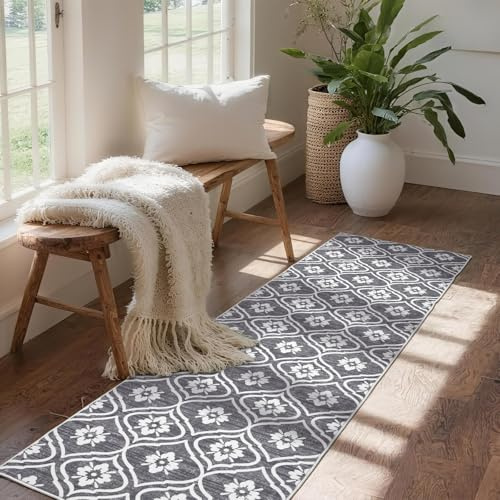 Puremy Teppich Flur Läufer 80X150cm, Waschbarer, 6 mm Ultradünn, Grau | Vintage-Marokkanisches Muster Bettvorleger Schlafzimmer, Rutschfest, Für KüChe, Waschküche, Badezimmer, Eingang