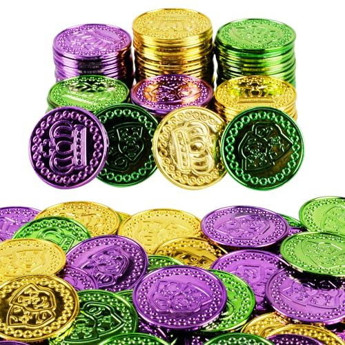 Qumenan Kunststoffmünzen, verschiedene violette, grüne Goldmünzen, Mardi Gras, gefälschte Münzen für Karneval, Tischdekoration, Partyzubehör, 168 Stück