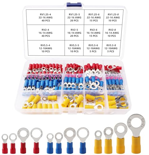 Lyeteung 200 Stücke Ringkabelschuhe Set, Isolierte Ringösen Kabelschuhe, Quetschverbinder, Isolierte Elektrische Steckverbinder Klemme, für Auto Reparaturen, 22-10 AWG