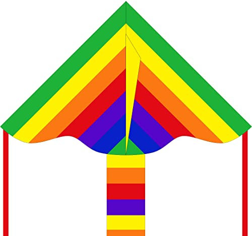 HQ Ecoline Simple Flyer Rainbow 85cm Kinderdrachen Flugdrachen Einleiner Drachen zum steigen lassen, wenig Wind ab 5 Jahre, 42x85cm+1.5m Drachenschwanz inkl. 17kp Polyesterschnur 25m auf Griff 2-5 Bft