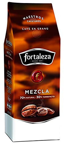 CAFÉ FORTALEZA Café en Grano 1Kg - 70% Tueste Natural y 30% Torrefacto - Café con Matices de Vainilla y Caramelo Intensidad Alta 10/13 - Arábica y Robusta con Sabor Intenso - con Final Persistente