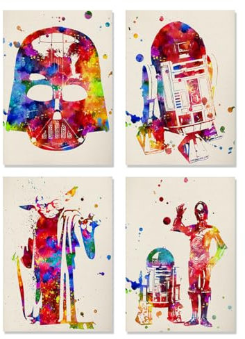 Nacnic Set de 4 láminas para marcar Star Wars Estilo Acuarela. Carteles con imágenes de la Guerra de Las Galaxias. Decoración del hogar. Papel 250 Gramos Llena de Estilo tu casa- A4 Sin Marcos