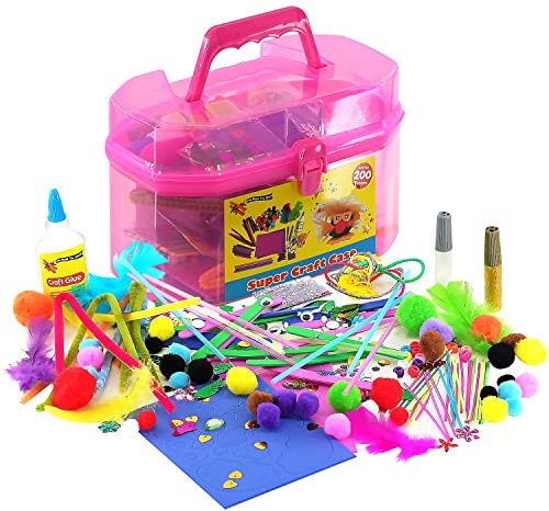 The Magic Toy Shop Kids Giant Mega Super Craft Art Carry Case with Over 200 Pieces - Feathers, Pom Poms, Beads, Sticks, Neon Laces, Wool, Sequins, Gems, Googly Eyes, Glitter Glue (Pink)