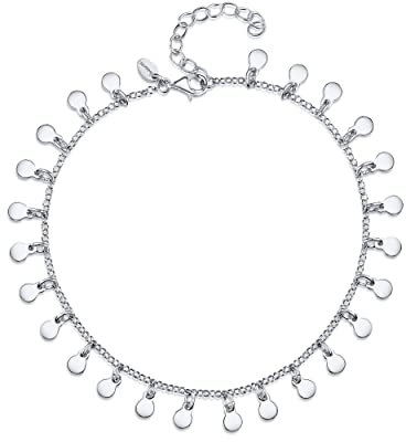 Amberta Damen Fußkettchen mit Anhängern aus 925 Sterling Silber: Münzanhänger - 22 + 4 cm