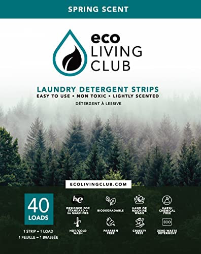 Eco Living Club Waschmittel-Blätter, hypoallergen, umweltfreundlich, biologisch abbaubar, plastikfrei, paraben- und tierversuchsfrei, reisefreundliche Öko-Streifen (40 Belastungen) (Frühlingsduft)