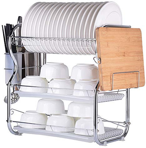 3 Schicht Edelstahl Kitchen Abtropfgestell Geschirrständer mit Besteckkorb und Abtropfschale für Küche Teller und Besteck