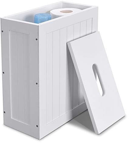 Lantaly Slimline Wooden Bathroom Storage Unit, Toilet Roll Paper Cabinet, Compact Shaker, Multi-Purpose Cleaning Tidy Box,White
