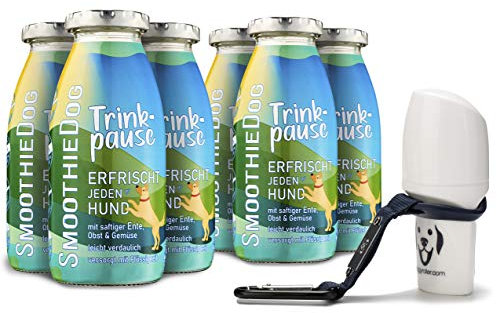 Hunde Smoothie SmoothieDog 6er Trinkpause (Ente) + Doggyroller m. Halter, Karabiner Blau - Flüssiges Hundeleckerli - Zucker- & glutenfrei - Zubehör Hund - je 250ml