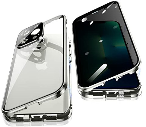 Jonwelsy Anti Peeping Case for iPhone 13 Pro Max, 360 Degree Front and Back Privacy Tempered Glass Cover, Magnetic Adsorption Metal Bumper (Silver)