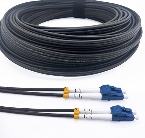 Elfcam® - Cavo Fibra Ottica con Armatura in Acciaio Corrugato LC/UPC per LC/UPC OS2 Duplex Monomodale 9/125um LSZH, Adatto per Installazioni Esterne e Interne, Nero, 250M