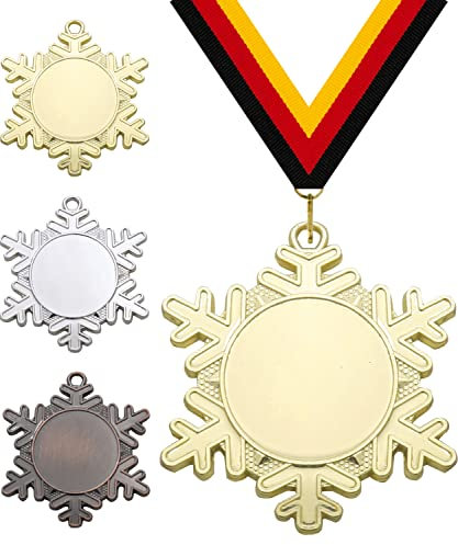 Pokalmatador Medaille Schneeflocke Ø 50 mm, mit individuellem Wunschtext in Gold, Silber & Bronze Farbe | Alu-Emblem + Medaillenband | Für Weihnachten, Winter, Wintersport, Kindergeburtstage etc.