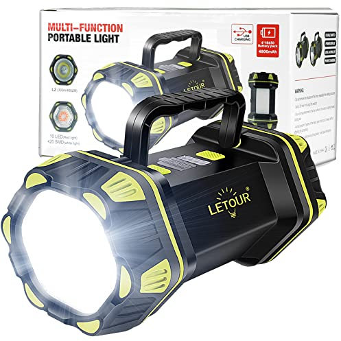 LETOUR Rechargeable LED Torch, 4000Lumens Multi-Functional Camping Light Super Bright Flashlight 8 Modes LED Searchlight, 4800mAh Power Bank, IP65 Waterproof Outdoor Tent Spotlight Lantern