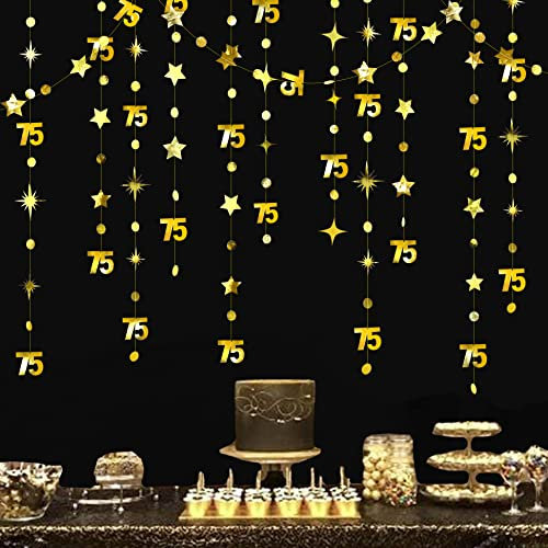Gold 75. Geburtstag Dekorationen Nummer 75 Kreis Dot Twinkle Star Girlande Metallic Hanging Streamer Bunting Banner Backdrop für 75 Year Old Happy Birthday 75th Anniversary Seventy-five Party Supplies