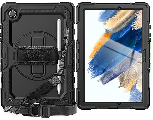 Lobwerk 4in1 Hülle mit Trageschleife für Samsung Tab A8 X200 X206 10.5 Outdoor Cover Schutz + Ständer Schwarz