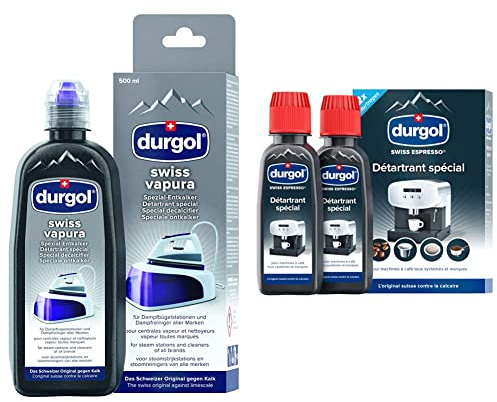 durgol swiss vapura – Détartrant spécial anti-calcaire pour les centrales à vapeur et les nettoyeurs à vapeur – 500ml & Détartrant spécial anti-calcaire pour tous types de machines à café – 2 x 125 ml