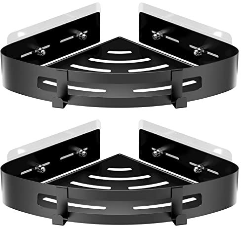 Uootach 2 Pièces Etagère de Douche d'angle sans Perçage en Aluminium, Tablette de Douche d'angle avec Crochets, Organisateurs de Salle de Bains, Idéal pour salles de Bains, Cuisines Salons(Noir)