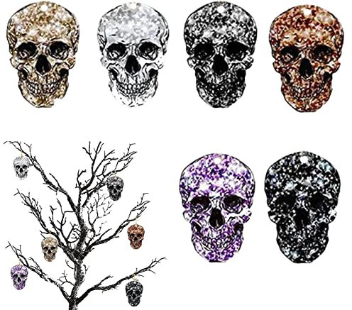 ADITAM Halloween-Baumschmuck Totenkopf, 6-teiliger Halloween-Schädel zum Aufhängen, Baumschmuck, Holzanhänger – Halloween-Schädelkopf, hängende Dekoration für Baum, Wand, Tür, Fenster Double The