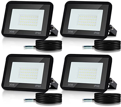 Cecaylie Projecteur LED Exterieur 30W 3000K Blanc Chaud 2550LM, 4 Pack Spot LED Extérieur IP66 Imperméable, Eclairage Exterieur, Lampe Exterieur pour Terrasse Garage Jardin