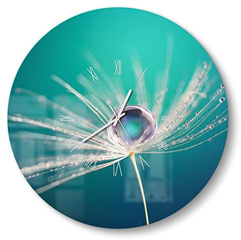 DEQORI Glasuhr | rund Ø 50 cm | Motiv Inszenierte Wasserperle | große XXL Design Uhr aus Glas | leise Wanduhr für Wohnzimmer & Küche | Moderne Hingucker Uhr für die Wand