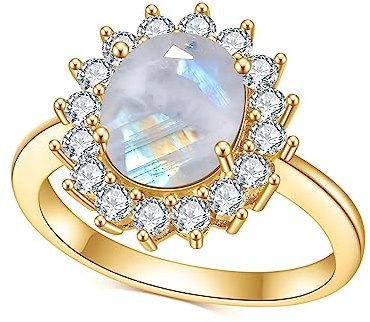 Gem's Beauty 14 Karat Gold Ringe für Frauen 925 Sterling Silber Blau Mondstein Ring für Frauen Prinzessin Diana Verlobungsringe Schmuck Geschenke für sie/Frau/Freundin (Größe 5-10), Mondstein