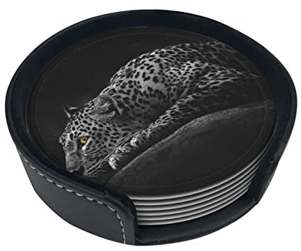 Pantera de la Jungla Tropical Impresa, Posavasos Redondos, Almohadilla para Tazas, Alfombrilla para Tazas, Juego de 6 Posavasos de Cuero para Bebidas con Soporte