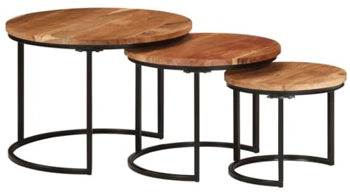 vidaXL Satztisch 3-TLG., Couchtisch Holz-Tischplatte Eisenbein, Beistelltisch für Wohnzimmer, Wohnzimmertisch, Industrie-Stil, Massivholz Akazie