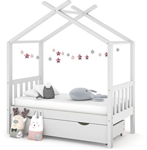 Festnight Kinderbett mit Schublade und Lattenrost Hausbett Vielseitiges Holz Kinder Haus Bett aus Kiefer Holz Jugendbett Kinderbett Bett für Jungen und Mädchen Massivholz-Weiß-70 x 140 cm-2