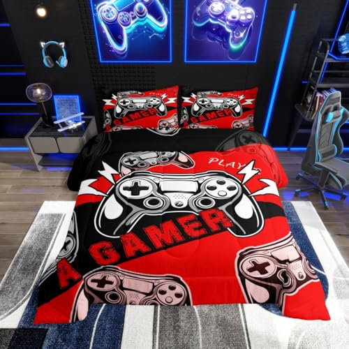 Erosebridal Gaming Bedding Sets for Boys Gamer Comforter Set Queen Size,Video Gaming Bedding Set Game Console Kids Comforter Sets 3Pcs Gamer Room Decor,Red Black