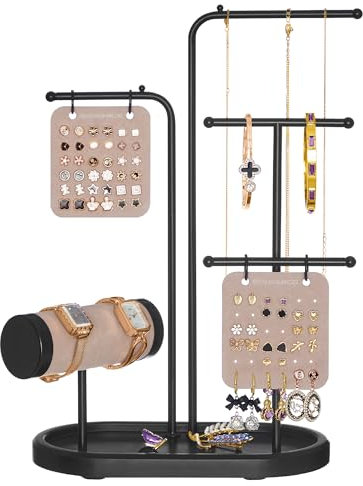 SONGMICS Schmuckständer, Schmuckhalter, Schmuckaufbewahrung, Metallrahmen, 2 kleine Ohrring-Organizer, 4 Hängestangen, Kettenständer, für Ohrringe, Armbänder, Ringe, tintenschwarz JJS025B01