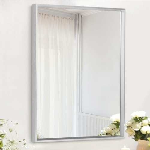 AAZZKANG Wandspiegel rechteckig mit Metallrahmen, 65 x 45 cm, dekorativ, modern, für Schlafzimmer, Badezimmer, Kosmetikspiegel, vertikal oder horizontal, Silber