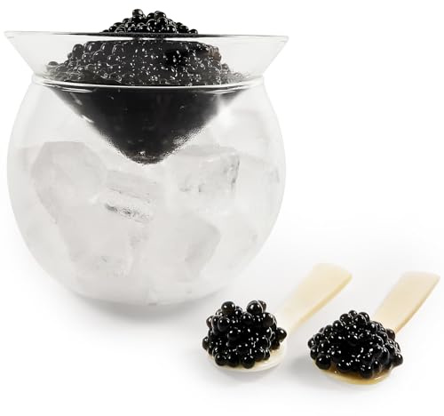 ThougrLyh Kaviar-Servier-Set aus Glas mit 2 Schalen, Kaviarlöffel, Kühl-Servierer mit Eishalter für Garnelen, Eis, Martinis und Cocktails, spülmaschinenfest, Kaviar-Servierschale